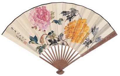 姜妙香 兰沅 己亥（1899年）作 牡丹 书法 成扇